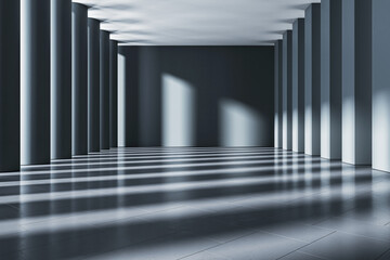 An empty modern gallery corridor with a series of columns, shadow play on floor, light background,...