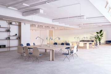 Modern office interior with long tables, chairs, and desk lamps, minimalist style, on a concrete floor, concept of workplace. 3D Rendering