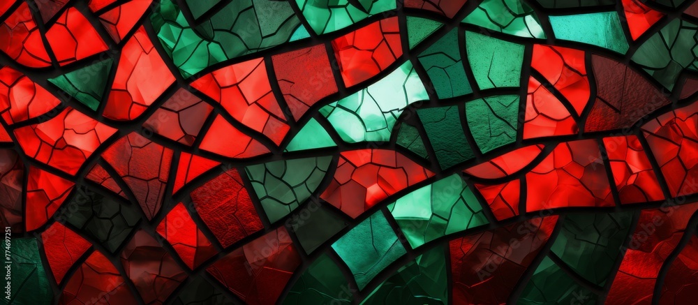 Poster stained glass panel close-up displaying intricate design in vibrant red and green hues, creating a b