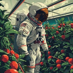 Space farmer, astroagriculture attire, zerogravity farm illustration, sustainable and highyield space greenhouse , sci-fi tone, technology