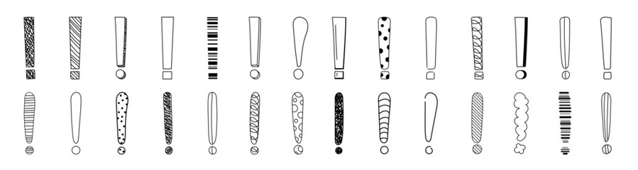 Doodle exclamation mark hand drawn sketch vector illustration set isolated on white background. Collection of various exclamation marks attention punctuation black and white freehand scribble symbols.