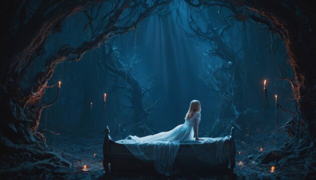An atmospheric image featuring a woman in white, sitting on a bed in a candlelit, enchanted forest, exuding peace and solitude.. AI Generation