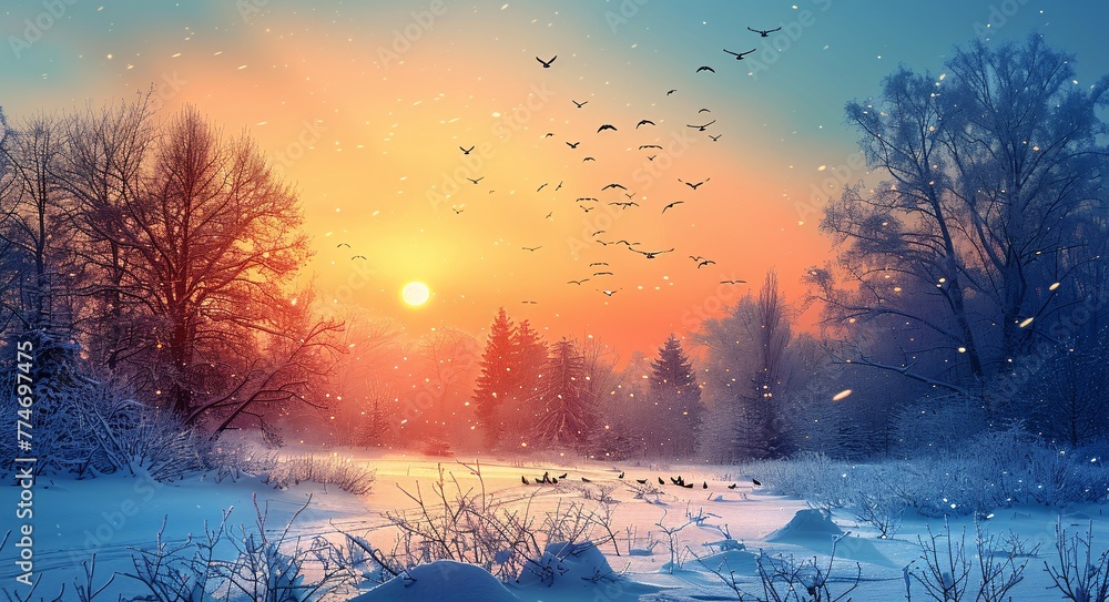 Poster flock of birds soaring in the sky on a snowy day generative ai