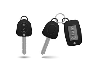 Set of electronic car key front and back view and alarm system. Realistic car keys black color isolated on white background. 3d realistic mockup. Vector illustration,