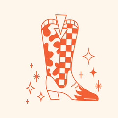 Line doodle trendy cowboy boots with cow and checks print.
Groovy American western footwear. Vector funky cowgirl shoes illustration. - 774697612