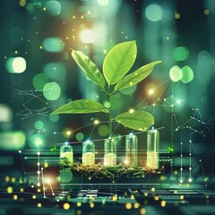 Sustainable investing, green technology and graphs, ecofriendly finance illustration, sustainable and natural investment firm setting , sci-fi tone, technology