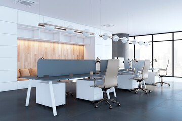 Modern office interior with chairs and desks, large windows, and a cityscape background, representing a corporate work environment. 3D Rendering