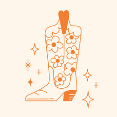 Line doodle trendy cowboy boots with daisy.
Groovy American western footwear. Vector funky cowgirl shoes illustration. - 774697656