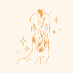 Line doodle trendy cowboy boots with flames.
Groovy American western footwear. Vector funky cowgirl shoes illustration. - 774697664