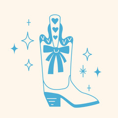 Line doodle trendy cowboy boots with bow.
Groovy American western footwear. Vector funky cowgirl shoes illustration. - 774697665