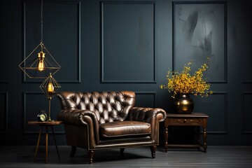 stylist and royal The interior has a sofa on empty dark wall background, space for text, photographic