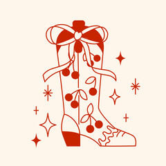 Line doodle trendy cowboy boots with cherry.
Groovy American western footwear. Vector funky cowgirl shoes illustration. - 774697675