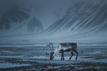 Svalbard reindeer, candid wildlife photo, hardy and resilient, grazing in a remote, frosty Arctic valley , Dark and Moody