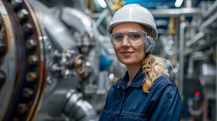 A woman in a hard hat and safety glasses standing next to machinery, AI