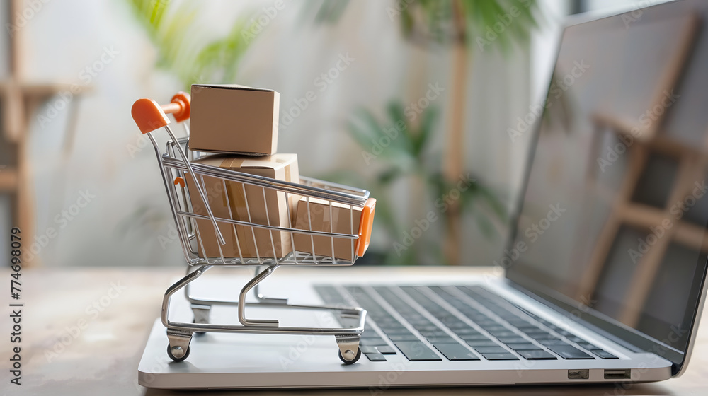 Poster a small shopping cart with boxes on top is placed next to an open laptop computer