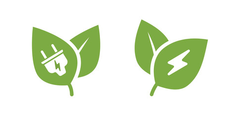 Green energy plug icon logo, electric bio eco renewable power leaves sign symbol silhouette simple pictogram graphic set, natural organic leaf technology with lightning bolt logotype image clipart - obrazy, fototapety, plakaty