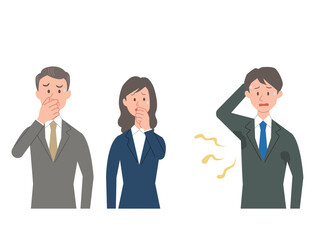 脇のにおいに悩むビジネスマンと不快に思う人たちのイラスト