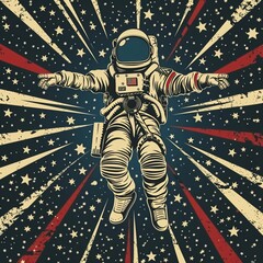 Vintage astronaut floating in space, oldschool comic style, colorful and dynamic against a starry cosmos , featuring hyper-detailed