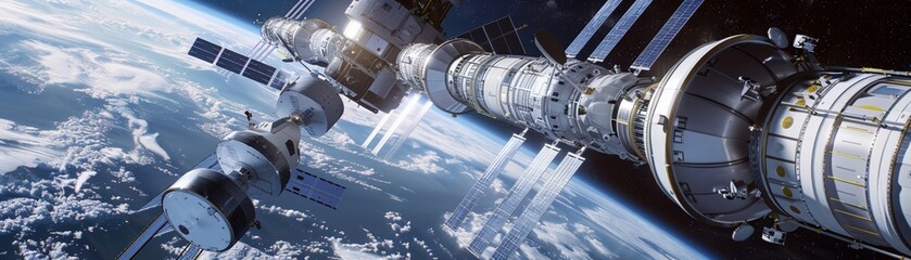 Zerogravity space station, with revolving structures to simulate gravity, hightech and revolutionary in outer space living