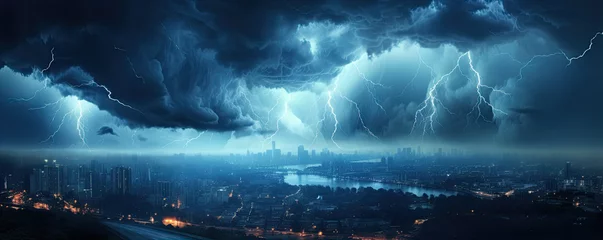 Fotobehang In the eye of storm. Lightning storm over city in dakr blue light. thunderstorm flash © Alena