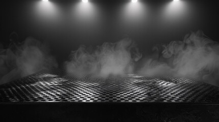 A black and white photo of steam coming out from a grate, AI