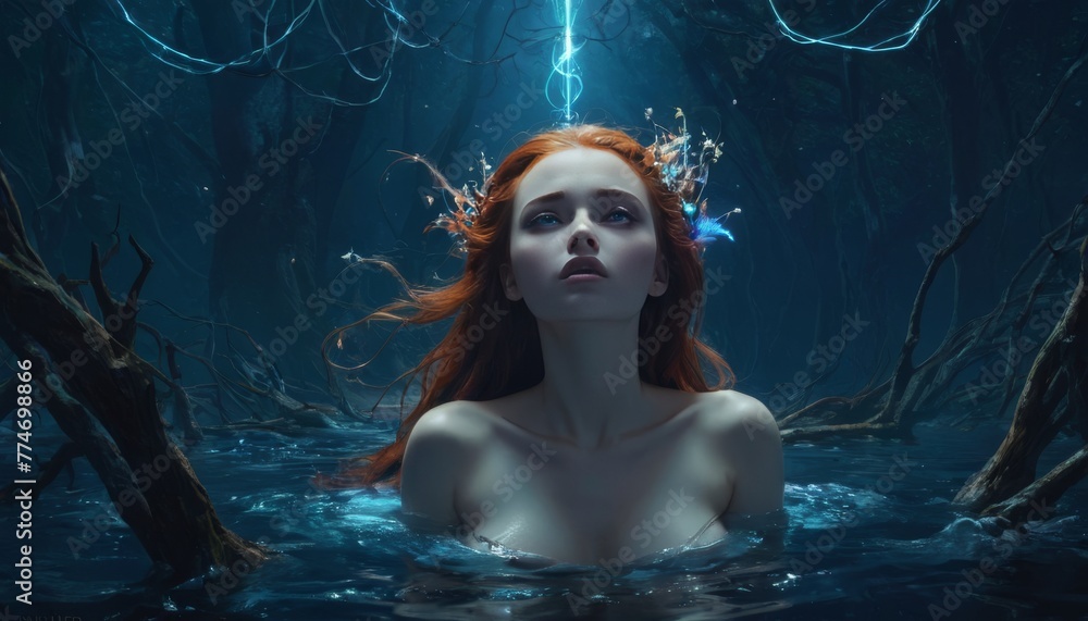 Poster artistic rendering of a serene, red-haired woman submerged in water within a twilight-veiled, mystic