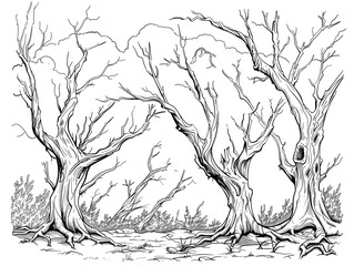 Fototapeta premium line work for coloring book, no color, dead trees from the roots 