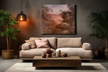 stylist and royal Warm and cozy interior of living room space with brown sofa, pouf, beige carpet, lamp