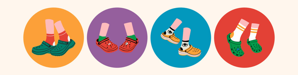Set of four pairs of female legs wearing Crocs in a colorful circle. Trendy vector illustration. - 774698886