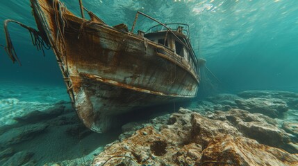 Old broken fishing boat under water, wooden abandoned boat
