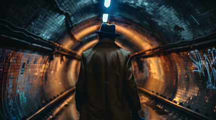 Fototapeta premium Vintage Chic detective man over coat in the underground world of professional hide and seek