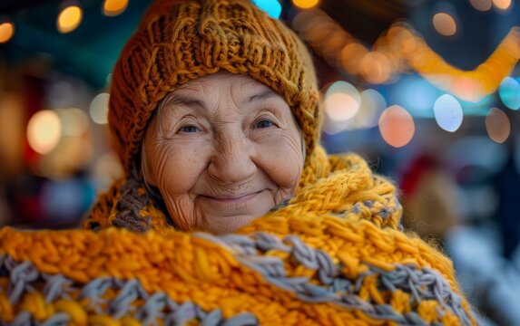 A woman wearing a yellow hat and a scarf is smiling. The image has a warm and cozy feeling, as the woman is bundled up in a scarf and hat, likely to keep warm in cold weather