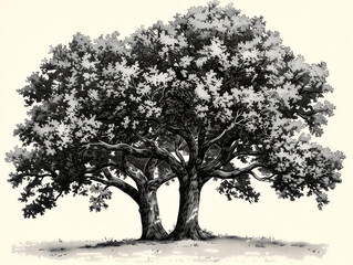 black ink drawing set of an oak tree, white background