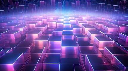 Neon Glowing Cubes in Futuristic Grid. 