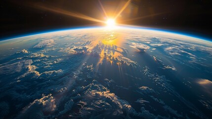 The sun is shining brightly over the earth from space, AI