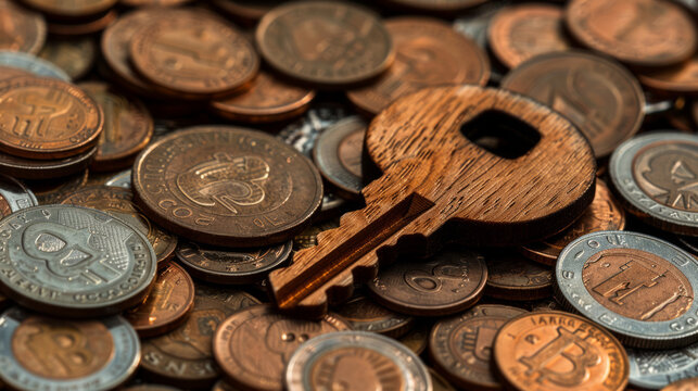 Close-up image focused on an old-fashioned key lying over scattered metal coins with cryptocurrency symbols