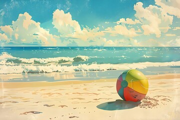 Colorful beach ball on sandy shore. Retro style. Summer vacation and travel concept. Vintage illustration for print, design, poster with copy space