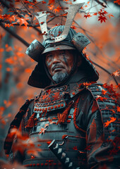Noble warrior: an aliant shogun in harmony with nature, embodying strength, determination, and resilience amidst the serene beauty of the natural world, radiating honor and nobility