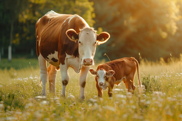 mom cow and calf grazing in the countryside - obrazy, fototapety, plakaty