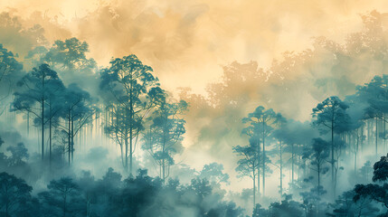 Foggy forest with tall trees in the style of green and blue - obrazy, fototapety, plakaty