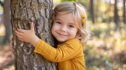 A little girl hugging a tree in the woods, AI