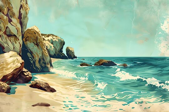 Rocky coastline with waves and clear sky. Summer vacation and travel concept. Retro style. Vintage illustration for print, design, poster with copy space