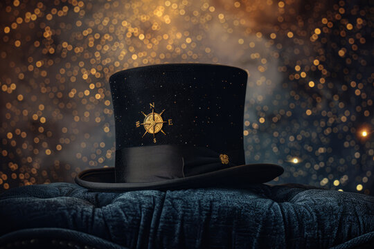 Solitary top hat adorned with a golden square and compass emblem, placed on a velvet cushion against a backdrop of shimmering stars.