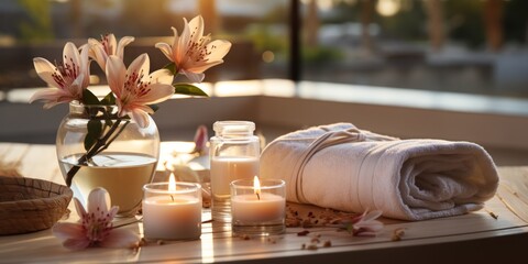 Obraz na płótnie Canvas Tranquil Spa Setting with Lilies and Soft Towel