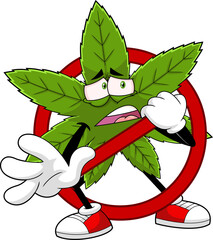 Marijuana Leaf Cartoon Character In A Prohibited Restricted Sign. Vector Hand Drawn Illustration Isolated On Transparent Background