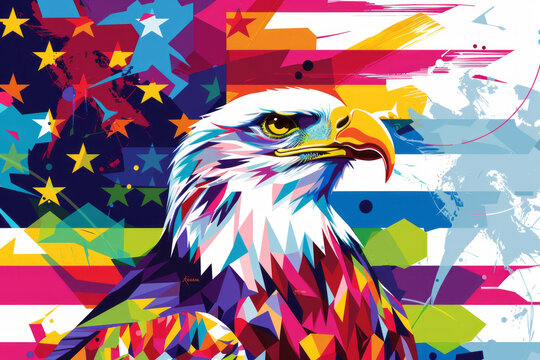 A vibrant geometric illustration of the United States flag in the background, with a focal point on a bold, eagle symbolizing strength and freedom.
