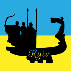 Silhouette of kyiv on ukrainian flag background