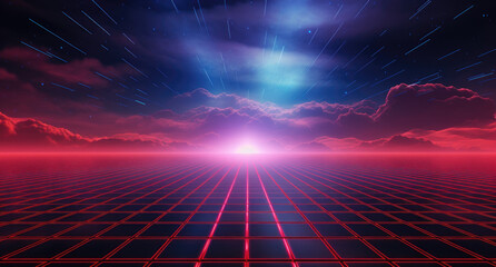 Synthwave background. Dark Retro Futuristic backdrop with blue perspective grid and sky full of stars. Horizon glow. Abstract Retrowave template. 80s Vaporwave style. Stock vector illustration - obrazy, fototapety, plakaty