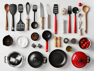 Many  kitchenware, different shapes, white background