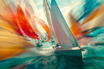 An elegant yacht amidst a vibrant regatta, with colorful sails creating a dynamic backdrop as the yachts race through the water. - obrazy, fototapety, plakaty